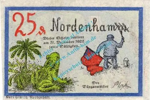 Nordenham , Notgeld 25 Pfennig Schein Nr.2 in kfr. M-G 982.1.a , Niedersachsen o.D. Seriennotgeld