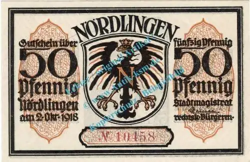 Nördlingen , Notgeld 50 Pfennig Schein Nr.4 -gelbbraun- in kfr. M-G 978.3 , Bayern 1918 Seriennotgeld