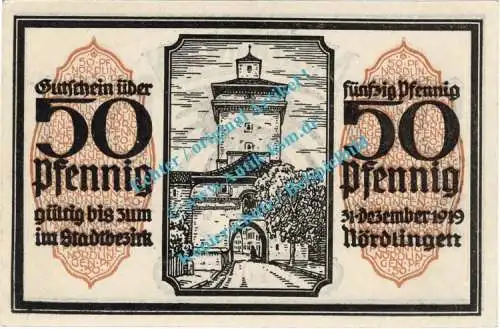 Nördlingen , Notgeld 50 Pfennig Schein Nr.4 -gelbbraun- in kfr. M-G 978.3 , Bayern 1918 Seriennotgeld