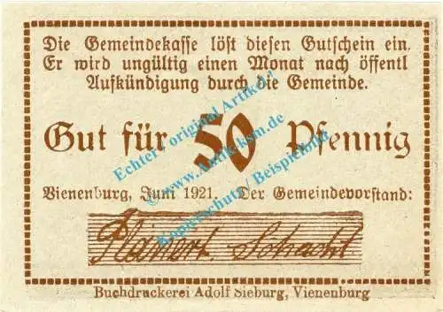 Vienenburg , Notgeld 50 Pfennig Schein in kfr. M-G 1361.1.k , Niedersachsen 1921 Seriennotgeld