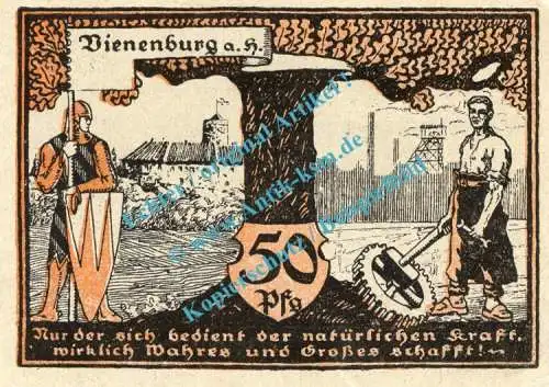 Vienenburg , Notgeld 50 Pfennig Schein in kfr. M-G 1361.1.k , Niedersachsen 1921 Seriennotgeld