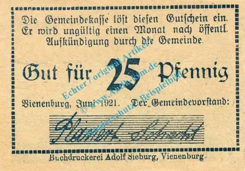 Vienenburg , Notgeld 25 Pfennig Schein in kfr. M-G 1361.1.i , Niedersachsen 1921 Seriennotgeld