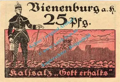 Vienenburg , Notgeld 25 Pfennig Schein in kfr. M-G 1361.1.i , Niedersachsen 1921 Seriennotgeld