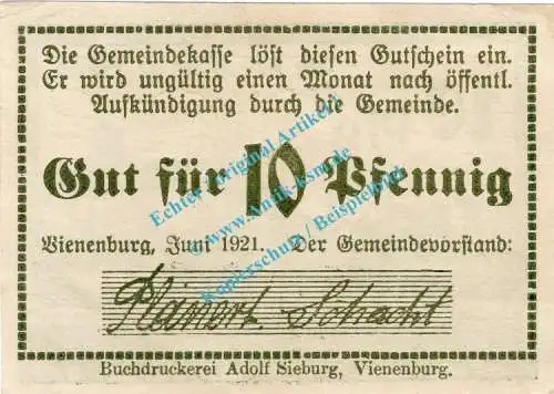 Vienenburg , Notgeld 10 Pfennig Schein in kfr. M-G 1361.1.c , Niedersachsen 1921 Seriennotgeld