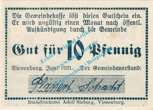 Vienenburg , Notgeld 10 Pfennig Schein in kfr. M-G 1361.1.h , Niedersachsen 1921 Seriennotgeld