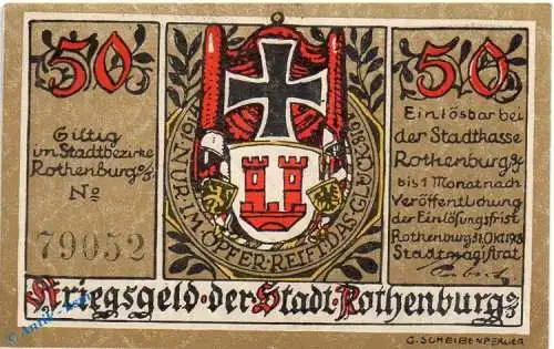 Notgeld Rothenburg , 50 Pfennig Schein oliv in kfr. Tieste 6250.05.20 , von 1918 , Bayern Verkehrsausgabe