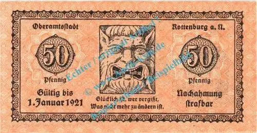 Rottenburg , Notgeld 50 Pfennig Schein in kfr. Tieste 6255.05.10 , Württemberg 1918 Verkehrsausgabe