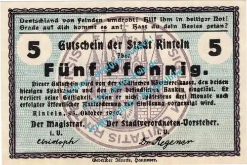 Rinteln , Notgeld 5 Pfennig Schein in unc. Tieste 6075.05.15 , Hessen 1918 Verkehrsausgabe