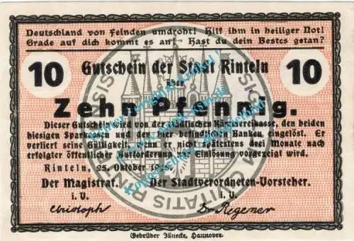 Rinteln , Notgeld 10 Pfennig Schein in unc. Tieste 6075.05.16 , Hessen 1918 Verkehrsausgabe