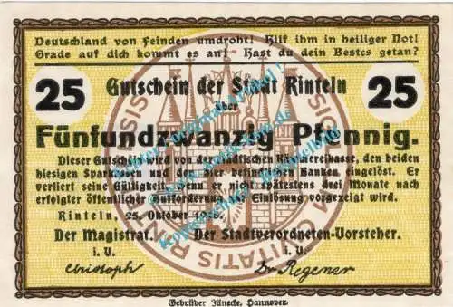 Rinteln , Notgeld 25 Pfennig Schein in unc. Tieste 6075.05.17 , Hessen 1918 Verkehrsausgabe