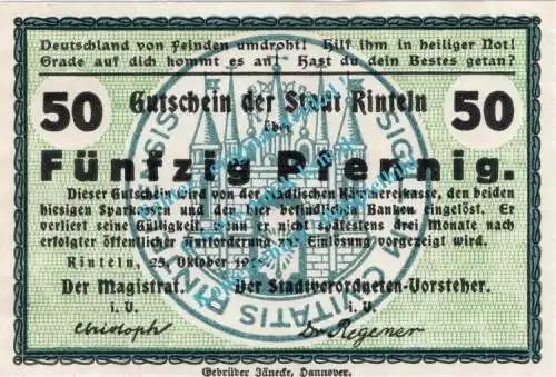 Rinteln , Notgeld 50 Pfennig Schein in unc. Tieste 6075.05.18 , Hessen 1918 Verkehrsausgabe