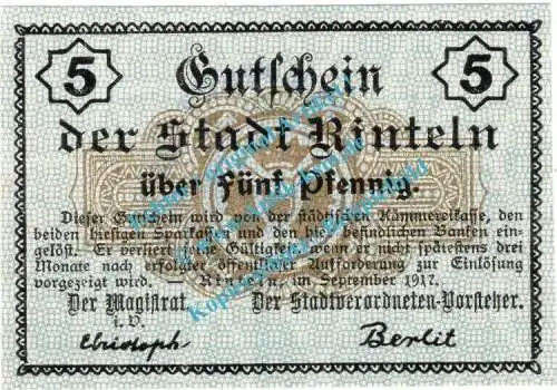 Rinteln , Notgeld 5 Pfennig Schein in unc. Tieste 6075.05.05 , Hessen 1917 Verkehrsausgabe