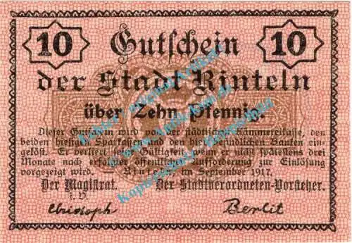 Rinteln , Notgeld 10 Pfennig Schein in unc. Tieste 6075.05.06 , Hessen 1917 Verkehrsausgabe