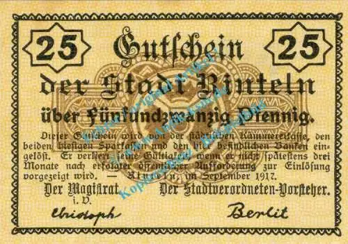 Rinteln , Notgeld 25 Pfennig Schein in unc. Tieste 6075.05.07 , Hessen 1917 Verkehrsausgabe