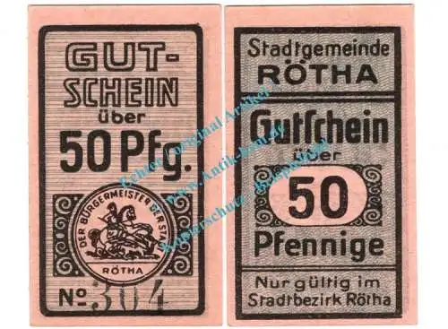 Rötha , Notgeld 50 Pfennig Schein in unc. Tieste 6120.05.07 , Sachsen o.D. Verkehrsausgabe