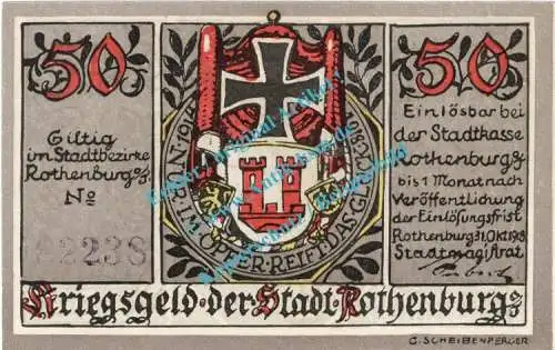 Rothenburg , Notgeld 50 Pfennig Schein in unc. Tieste 6250.05.01 , Bayern 1918 Verkehrsausgabe