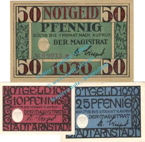 Arnstadt , Notgeld Set mit 3 Scheinen in unc. Tieste 0200.20.10-12 , Thüringen 1920 Verkehrsausgabe