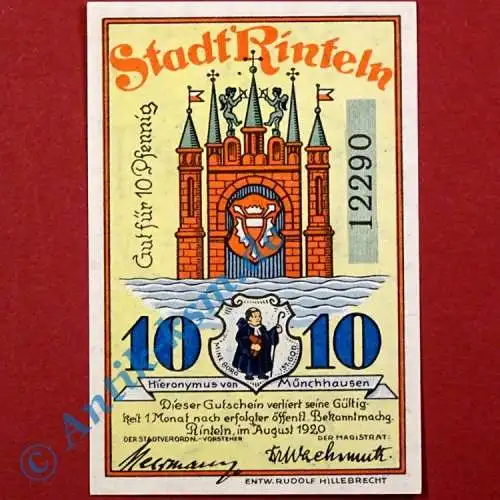 Notgeld Rinteln , 10 Pfennig Schein , Mehl Grabowski 1125.1 b , von 1921 , Niedersachsen Seriennotgeld