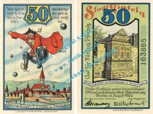Rinteln , Notgeld 50 Pfennig Schein in kfr. M-G 1125.1.b , Hessen 1920 Seriennotgeld