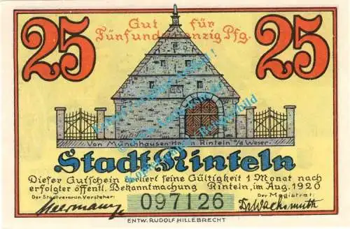 Rinteln , Notgeld 25 Pfennig Schein in kfr. M-G 1125.1.b , Hessen 1920 Seriennotgeld