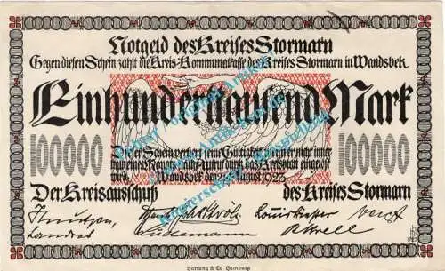Stormarn , Banknote 100.000 Mark Schein in L-gbr. Keller 4897.a , Schleswig Holstein 1923 Inflation