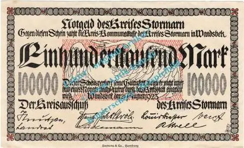 Stormarn , Banknote 100.000 Mark Schein in kfr. Keller 4897.a , Schleswig Holstein 1923 Inflation