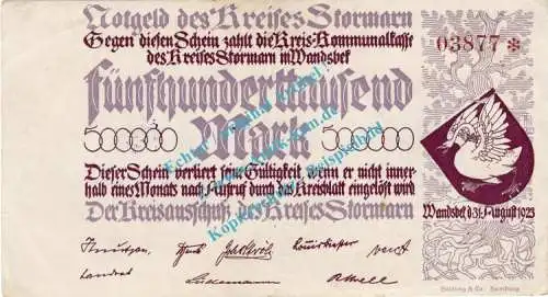 Stormarn , Banknote 500.000 Mark Schein in L-gbr. Keller 4897.c , Schleswig Holstein 1923 Inflation