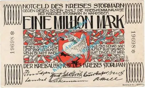 Stormarn , Banknote 1 Million Mark Schein in L-gbr. Keller 4897.b , Schleswig Holstein 1923 Inflation