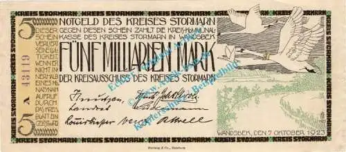 Stormarn , Banknote 5 Milliarden Mark Schein in f-kfr. Keller 4897.e , Schleswig Holstein 1923 Inflation