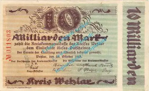 Wetzlar , Banknote 10 Milliarden Mark Schein in kfr. Keller 5598.e , Rheinland 1923 Inflation