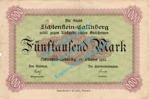 Lichtenstein Callnberg , Banknote 5.000 Mark Schein in gbr. Müller 2715.8 , Sachsen 1922 Inflation