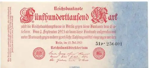 Reichsbanknote , 500.000 Mark Schein in kfr. DEU-103.b, Ros.91, P.92, vom 25.07.1923 , Inflation