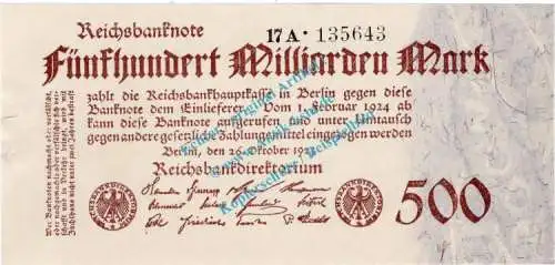 Banknote , 500 Milliarden Mark Schein in kfr. DEU-152.b, Ros.124, P.127, Weimarer Republik 1923 Inflation