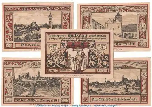 Notgeld Gemeinde Guhrau 496.1 , Set mit 5 Scheinen in kfr. o.D. Schlesien Seriennotgeld