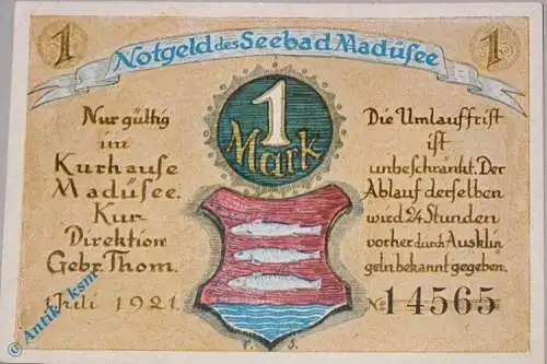 Notgeld Kurdirektion Thom Madüsee 850.1 , 1 Mark Schein in kfr-. von 1921 , Pommern Seriennotgeld