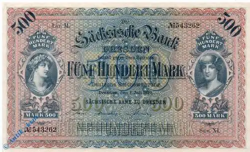 Länderbanknote , 500 Mark Schein in kfr. SAX-10.a, Ros.748, S.954 , vom 01.07.1922 , Länderbanknote Sachsen