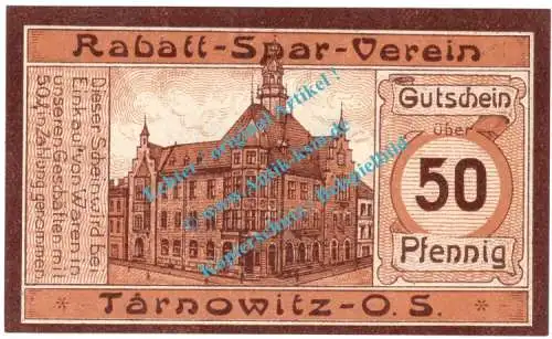 Tarnowitz , Notgeld 50 Pfennig Schein in kfr. Tieste 7285.20.02 , Oberschlesien 1921 Verkehrsausgabe