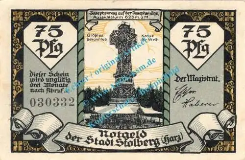 Stolberg , Notgeld 75 Pfennig Schein in kfr. M-G 1273.2.d , Sachsen Anhalt o.D. Seriennotgeld