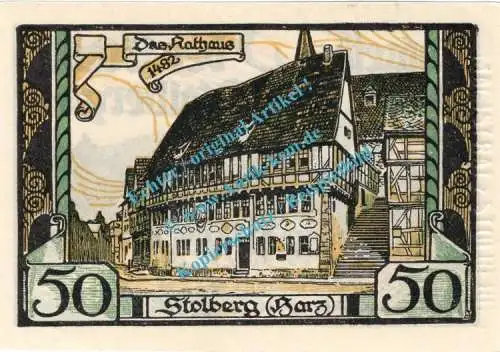 Stolberg , Notgeld 50 Pfennig Schein in kfr. M-G 1273.1.d , Sachsen Anhalt o.D. Seriennotgeld