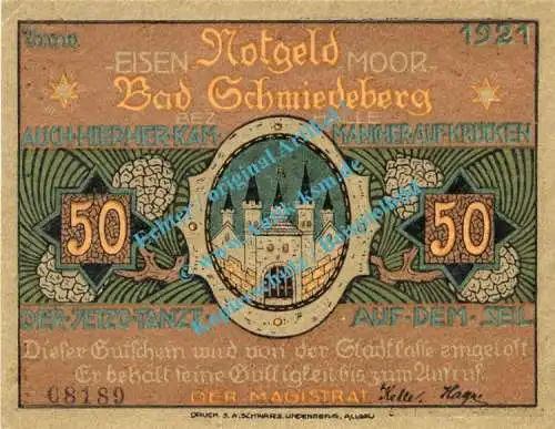 Schmiedeberg , Notgeld 50 Pfennig Nr.1 -Glanzdruck- in kfr. M-G 1186.1.a , Sachsen Anhalt 1921 Seriennotgeld