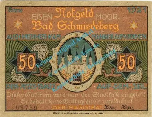Schmiedeberg , Notgeld 50 Pfennig Nr.5 -Glanzdruck- in kfr. M-G 1186.1.a , Sachsen Anhalt 1921 Seriennotgeld