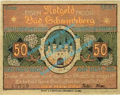 Schmiedeberg , Notgeld 50 Pfennig Nr.6 -Glanzdruck- in kfr. M-G 1186.1.a , Sachsen Anhalt 1921 Seriennotgeld