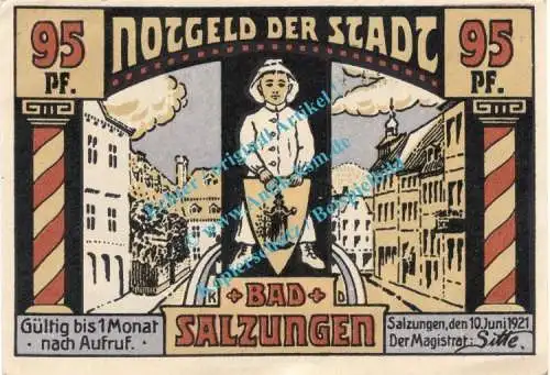 Salzungen , Notgeld 95 Pfennig Schein in kfr. M-G 1160.1.a , Thüringen 1921 Seriennotgeld
