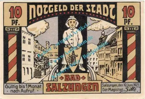 Salzungen , Notgeld 10 Pfennig Schein in kfr. M-G 1160.1.a , Thüringen 1921 Seriennotgeld