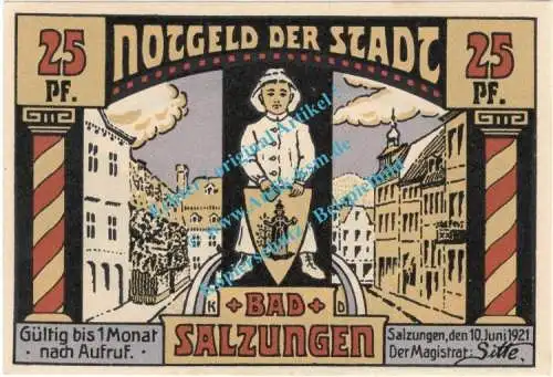 Salzungen , Notgeld 25 Pfennig Schein in kfr. M-G 1160.1.a , Thüringen 1921 Seriennotgeld