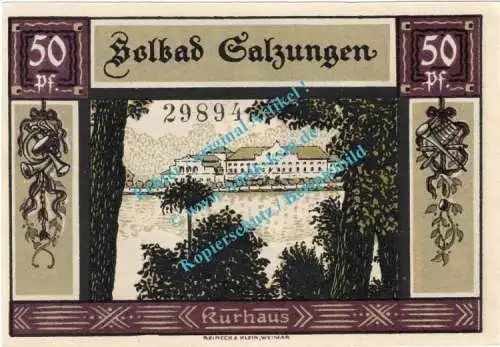 Salzungen , Notgeld 50 Pfennig Schein in kfr. M-G 1160.1.a , Thüringen 1921 Seriennotgeld