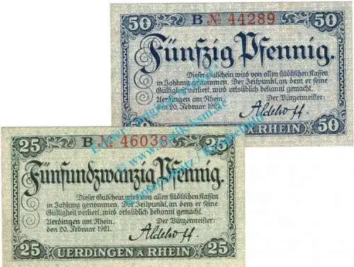 Uerdingen , Notgeld Set mit 2 Scheinen -B- in unc. Tieste 7510.05.15-16 , Rheinland 1921 Verkehrsausgabe