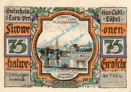 Coblenz Lützel , Notgeld 75 Pfennig Schein Nr.2 in kfr. M-G 234.1 , Rheinland o.D. Seriennotgeld