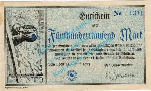 Banknote Beuel , 500.000 Mark Schein in f-kfr. Keller 389.a , 15.08.1923 , Rheinland 1923 Großnotgeld Inflation