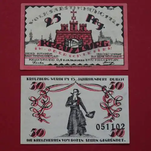 Kreuzburg , Notgeld Set mit 2 Scheinen in kfr. M-G 744.1 , Oberschlesien 1921 Seriennotgeld